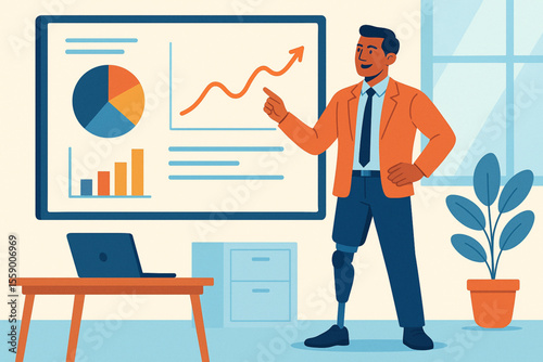 Professional Man with Prosthetic Leg Presenting Data on Large Screen Office Flat Colorful Vector Illustration