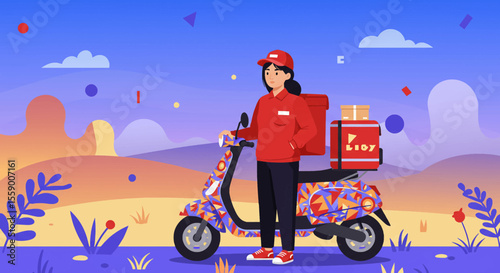a delivery person standing next to a colorful scooter with a delivery box on the back. Suitable for landing page, banner, marketing, web design, presentation, infographic, etc.