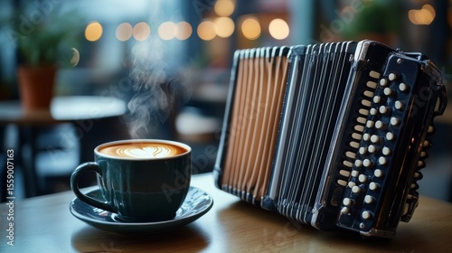 Latte Art and Accordion Harmony: A Cozy Cafe Scene