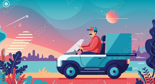 A man in a red jacket and cap is driving a blue car with a large cargo area. Suitable for landing page, banner, marketing, web design, presentation, infographic, etc.