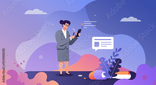 a woman in a business suit using a smartphone, with a cloud icon above her and a speech bubble with a message. Suitable for landing page, banner, marketing, web design, presentation, infographic, etc.