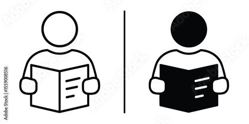Reading icon illustration: A minimalist icon of a person engrossed in reading a book, symbolizing the act of reading and knowledge acquisition.
