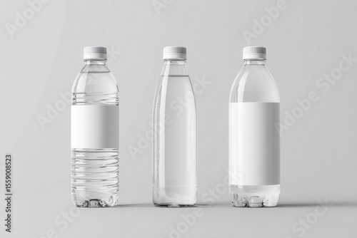 Three clear plastic water bottles with blank white labels, varying in height and shape, stand against a neutral gray background