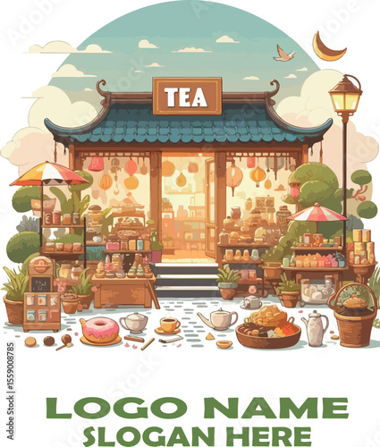 Tea shop vector white background .