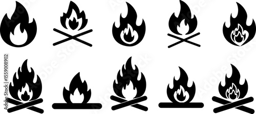 Collection of Black Fire and Campfire Icons with Flames and Burning Wood Logs - Versatile Vector Graphics for Camping, Outdoor, Survival, Heat, and Warning Symbols
