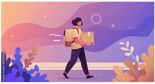 A smiling delivery person with a package on their back walks confidently through a colorful, abstract urban landscape.