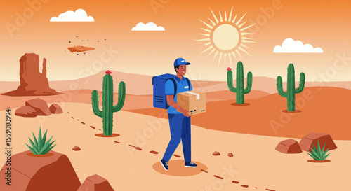 A dedicated delivery worker in a blue uniform carries a package through a vast, sun-drenched desert landscape with cacti and mesas.