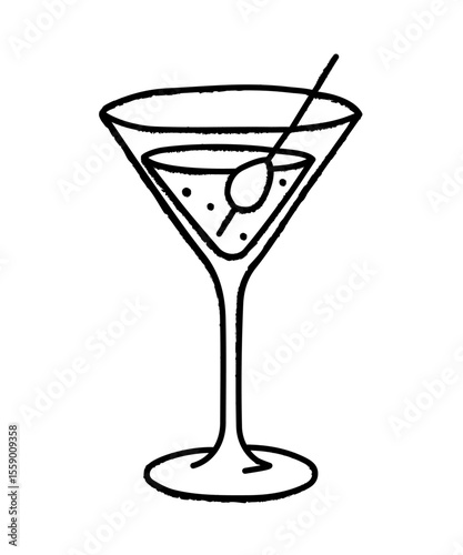 Martini glass vector illustration in a black hand-drawn outline style with sketchy texture. Perfect for bar menus, cocktail party invitations, drink-themed designs, and casual beverage graphics.