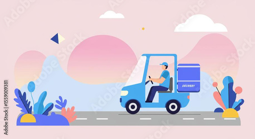 a delivery person driving a blue vehicle with a "DELIVERY" box attached to the back. Suitable for landing page, banner, marketing, web design, presentation, infographic, etc.