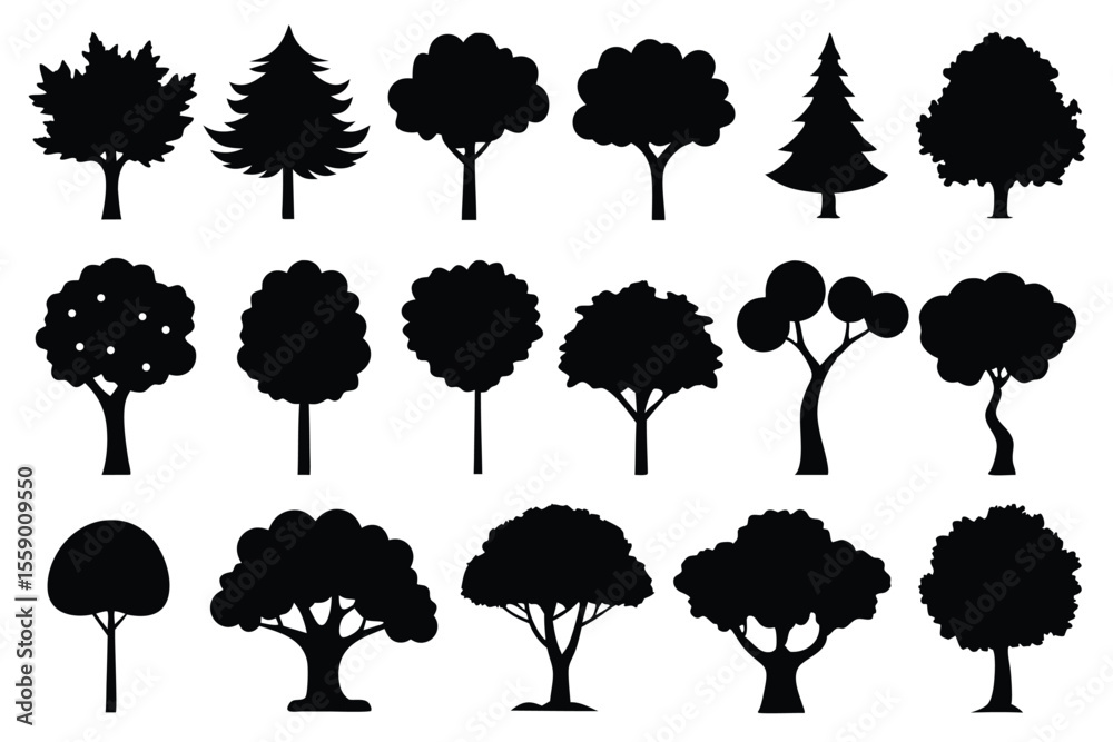 Fototapeta premium Collection of black silhouette trees various shapes and sizes