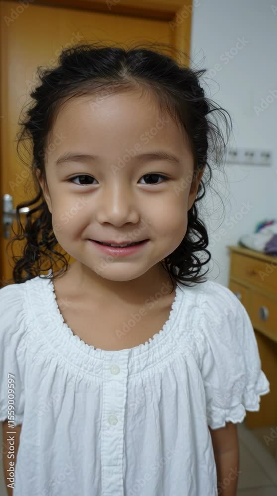 Cute and happy asian little girl smiling at home