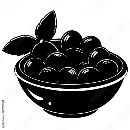 Bowl full of berries with mint leaf silhouette vector illustration