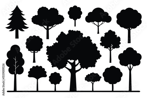 Collection of black silhouettes various trees nature forest