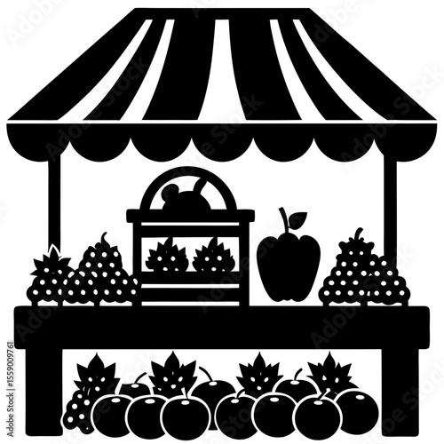 Farmers market stall with fruits and vegetables silhouette vector illustration