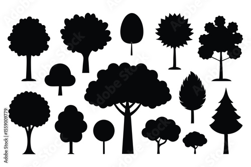 Collection of black silhouettes various tree types
