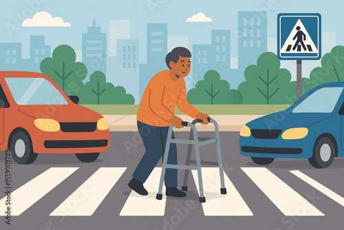 Person with Walker Safely Crossing Street at Pedestrian Crosswalk Urban Inclusive Flat Vector Illustration