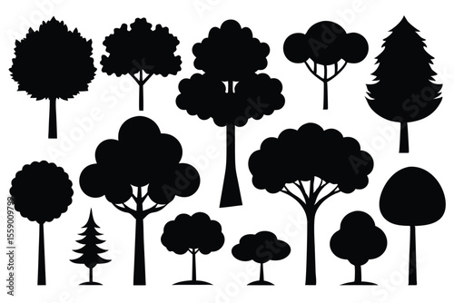 Collection of black silhouettes various trees nature forest