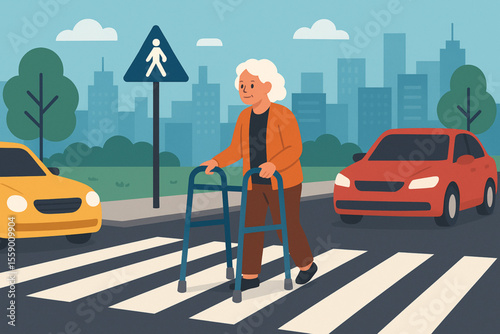 Person with Walker Safely Crossing Street at Pedestrian Crosswalk Urban Inclusive Flat Vector Illustration