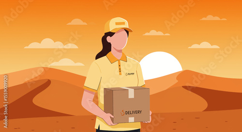 A friendly delivery woman in a uniform stands against a desert landscape, holding a cardboard box, symbolizing efficient and reliable shipping services under the setting sun.