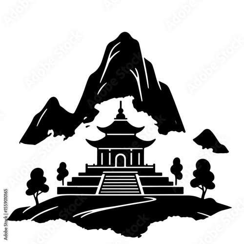 Silhouette illustration of a pagoda temple amidst mountains and trees in a serene landscape.