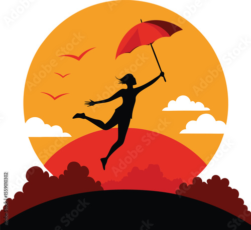 A whimsical collection of stylized illustrations depicting a boy flying with an umbrella, evoking a sense of childlike wonder and freedom