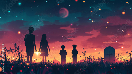 A silhouetted family stands at sunset near a gravestone in a field of flowers under a starry sky with a red moon.