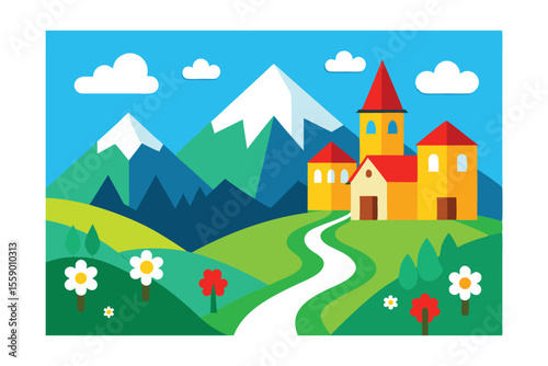 Picturesque Mountain Village Scenic Landscape Illustration