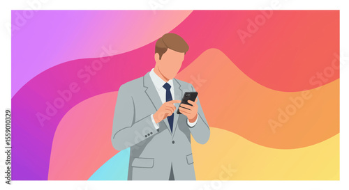 a man in a suit standing and looking at his smartphone, with a colorful abstract background. Suitable for landing page, banner, marketing, web design, presentation, infographic, etc.