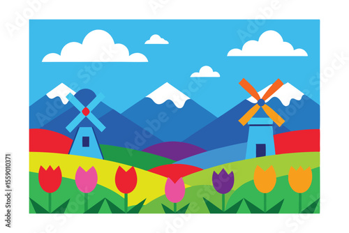 Vibrant Dutch Landscape Windmills, Tulips, and Mountains