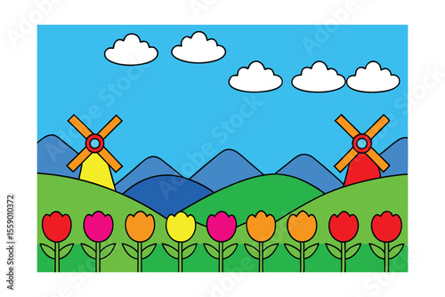 Vibrant Dutch Landscape Windmills, Tulips, and Sunny Skies