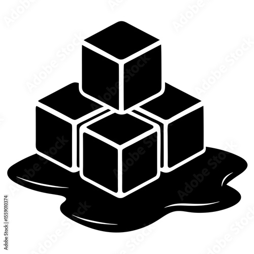 Pile of ice cubes with melting water silhouette vector illustration