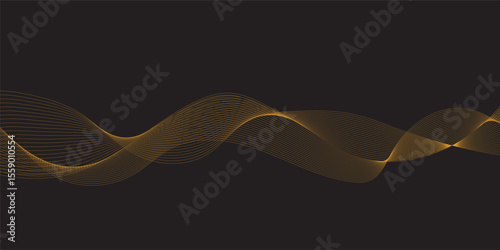 Wavy shiny golden moving wave lines design element for banner design. Abstract futuristic technology wave glowing lines background. Frequency sound wave technology, science, banner, template design.