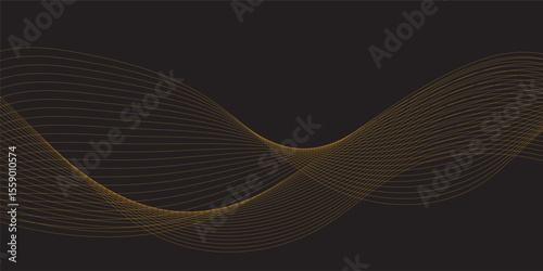 Wavy shiny golden moving wave lines design element for banner design. Abstract futuristic technology wave glowing lines background. Frequency sound wave technology, science, banner, template design.