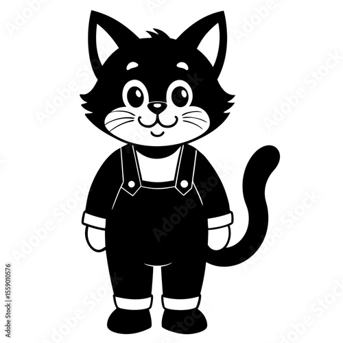Cartoon cat wearing overalls standing up silhouette vector illustration
