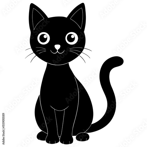 Cute black cat sitting upright facing forward silhouette vector illustration
