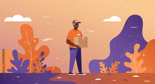 A friendly delivery man in an orange uniform holds a package, standing amidst stylized natural elements in a vibrant, modern flat illustration.