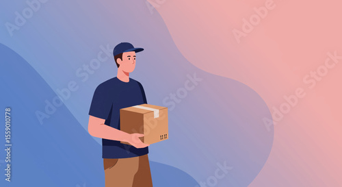 A delivery man in a cap carries a cardboard box against an abstract background, showcasing logistics, shipping, and the convenience of modern delivery services.