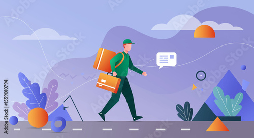 a delivery person walking with a suitcase and a mobile phone. Suitable for landing page, banner, marketing, web design, presentation, infographic, etc.
