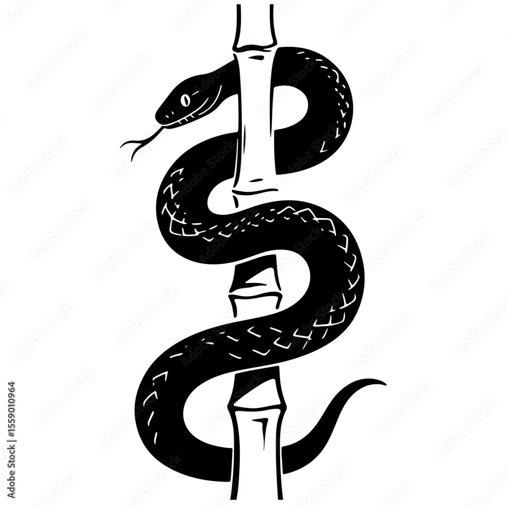 Fototapeta premium Vector illustration of a snake coiled around bamboo in black and white