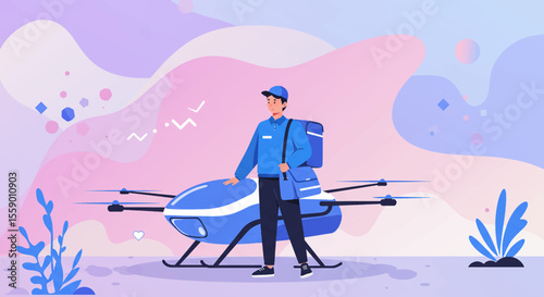 A delivery person stands proudly beside a drone, ready for a high-tech delivery in a soft, pastel landscape, showcasing modern delivery solutions.