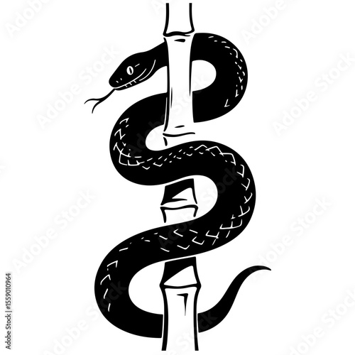 Vector illustration of a snake coiled around bamboo in black and white