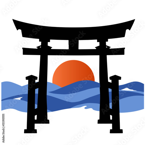 Japanese Torii Gate at Sunset, Vector Illustration
