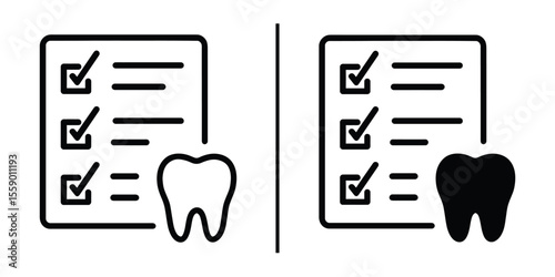 Dental Checklist Icon: A comprehensive visual representation, of dental health on a checklist, capturing the essential elements in a simple line icon form. 