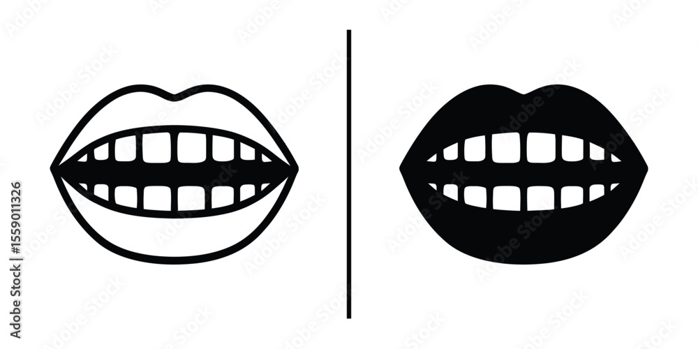 Naklejka premium Monochrome Smile Duo: A contrasting pair of smiling mouths, one in outline and the other filled in, separated by a single line, presenting a simple and graphic illustration of the act of smiling.