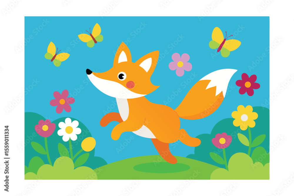 Obraz premium Playful Fox in Spring Meadow Butterflies and Flowers Illustration