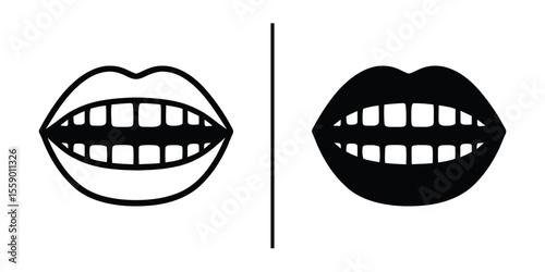 Monochrome Smile Duo: A contrasting pair of smiling mouths, one in outline and the other filled in, separated by a single line, presenting a simple and graphic illustration of the act of smiling.