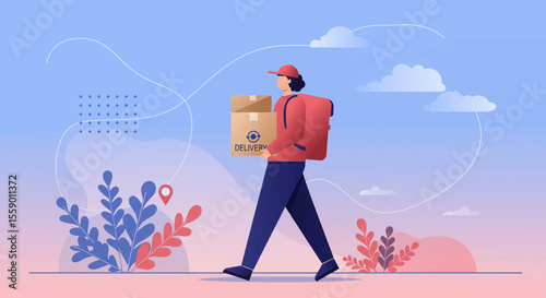 A delivery person in red carrying parcels walks confidently against a soft pastel background, suggesting reliable and fast delivery services.