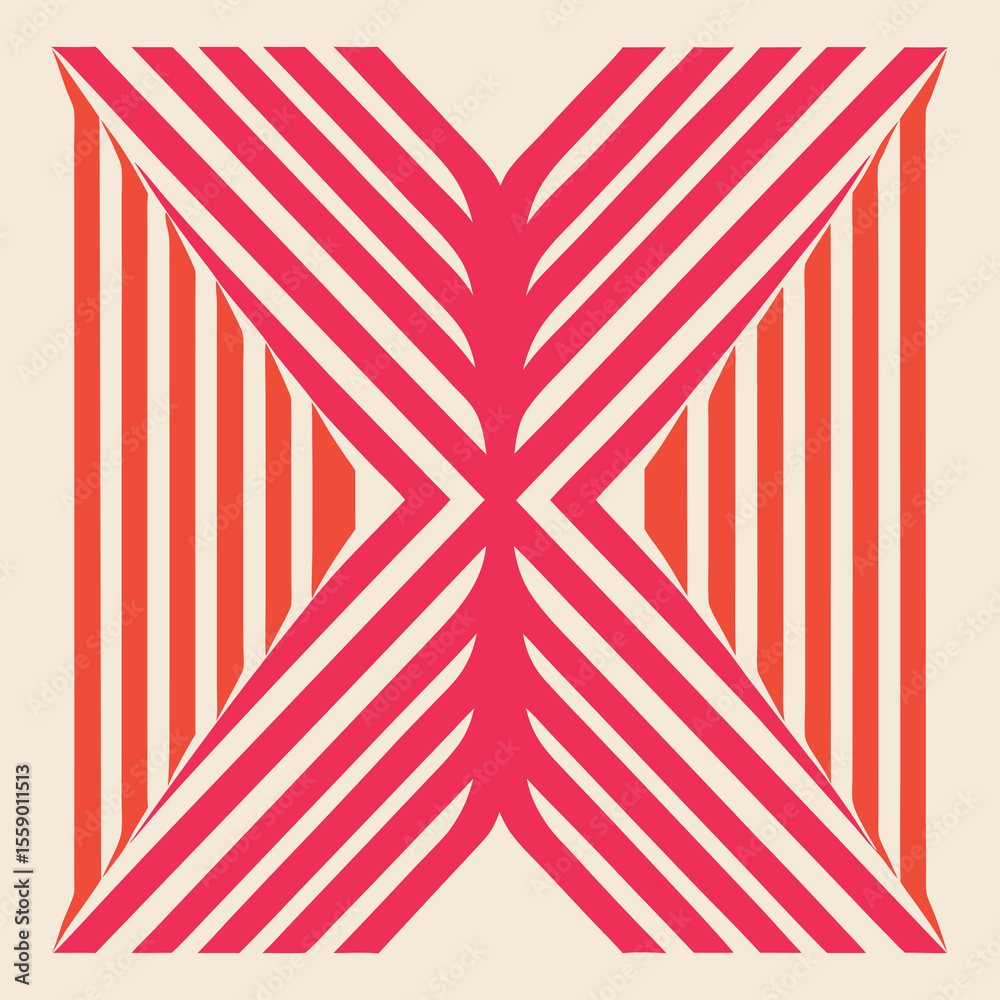 Obraz premium Abstract geometric pattern featuring converging lines and complementary colors on neutral background