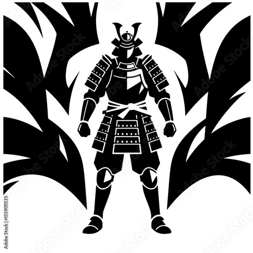 Black and white samurai illustration, vector design, graphic art.