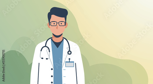 a doctor wearing a white coat and glasses, standing against a gradient background. Suitable for landing page, banner, marketing, web design, presentation, infographic, etc.